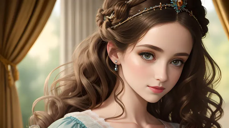 (realistic), (romantic), portrait of a beautiful young woman named Esme, [details: she has long curly hair, green eyes, and a small beauty mark on her left cheek], wearing an excessively frilled princess dress in light blue with silver accents, [Styling: classical oil painting, reminiscent of the Rococo era with soft pastel colors and intricate floral ornamentation], masterpiece, best quality, 8k, detailed skin texture, detailed cloth texture, beautiful detailed face, intricate details, ultra detailed, rim lighting, side lighting, cinematic light, ultra high res, 8k uhd, film grain,best shadow, delicate, RAW