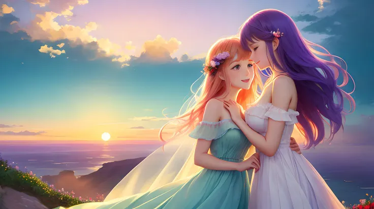 (romantic), (hand-drawn), an intimate moment between a couple, standing at the edge of a cliff overlooking a sunset, holding hands, wind blowing their hair, beautiful orange and purple sky, (soft colors), (impressionism), brush strokes visible, art by Monet or Van Gogh, 1:1 aspect ratio, HD, (dreamlike), (ethereal), (nostalgic), (blurred), (bokeh), (soft focus), (pastel colors), (whimsical), (surreal), (no sharp lines), (no hard edges), (no realistic details), (minimalistic), (simple), (artistic), (romanticism), (contemporary), (modern), (innovative), (trendy), (creative), (unique), (original), (captivating), (evocative), (emotional), (sentimental), (touching), (heartfelt), (beautiful composition), (visual storytelling), (meaningful), (memorable), (timeless), (evokes love), (elicit happiness), red (antopomorf dragongirl), scale, (clear eyes), long dress, flat breasts, evil smile, open mouth teeth, hug