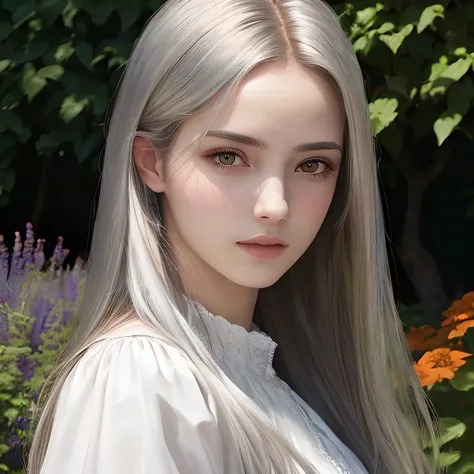 Best quality, masterpiece, ultra high res, (photorealistic:1.4), raw photo, 1girl, long silver hair, shiny skin, dramatic lighting, (garden background:1.2)