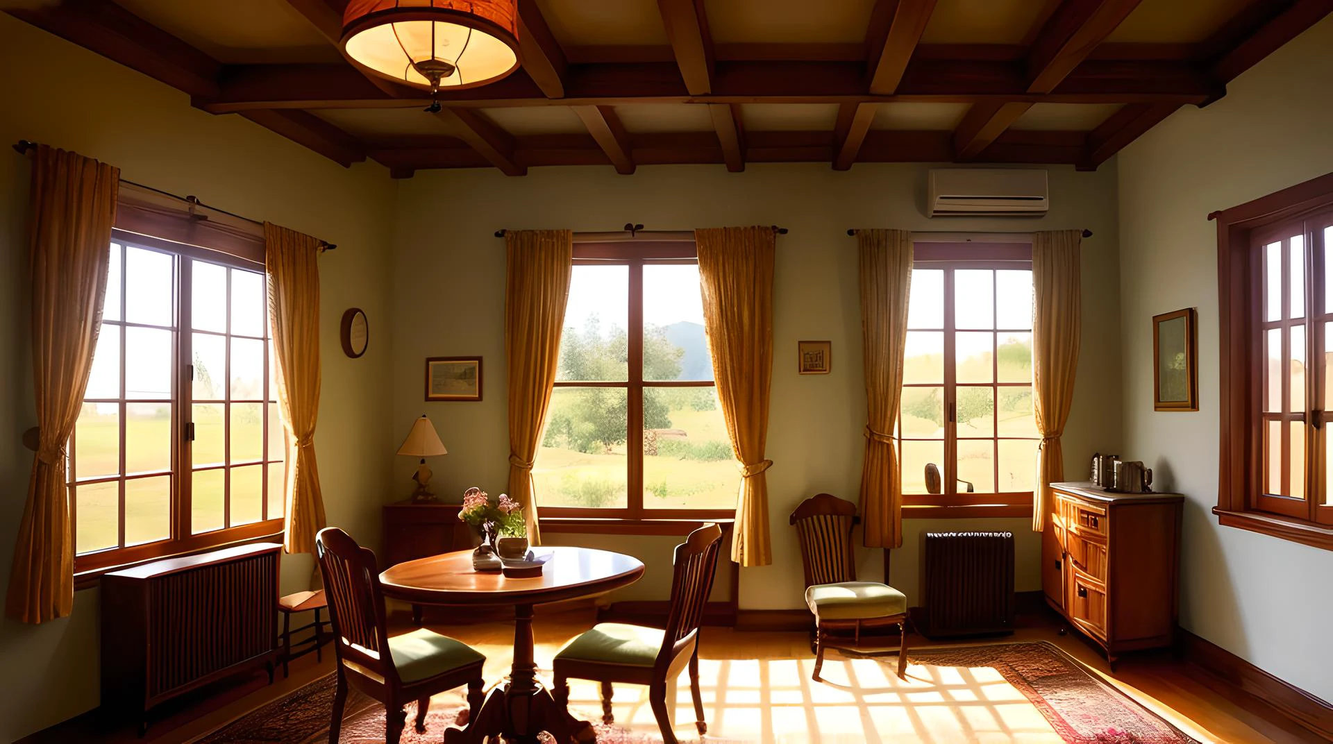 (serene) old house interior, (warm) sunlit room with a (table) in the center, a (book) and a (cup) of tea on the table, (vintage) lamp on the corner, (curtains) flowing gently with the breeze, (earth tones) color scheme, (painting) of a landscape on the wall, (wide-angle shot), (HDR), (oil painting) style.