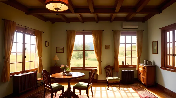 (serene) old house interior, (warm) sunlit room with a (table) in the center, a (book) and a (cup) of tea on the table, (vintage) lamp on the corner, (curtains) flowing gently with the breeze, (earth tones) color scheme, (painting) of a landscape on the wall, (wide-angle shot), (HDR), (oil painting) style.