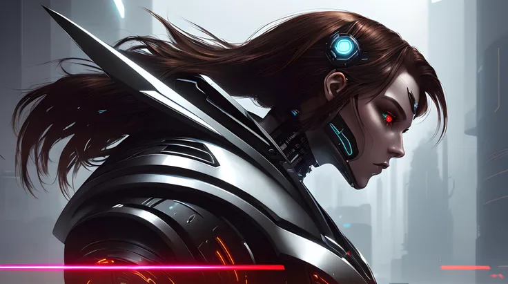 (futuristic), (minimalistic), portrait of a beautiful cyborg with brown hair, sharp metallic features, glowing eyes, sleek silver armor, industrial background, (cyberpunk), (neon colors), (high contrast), (digital art), (dystopian), (sci-fi), (edgy), (concept art), (gritty), (monochromatic), (symmetrical), (contemporary), (fierce), (high key lighting), (grunge texture).