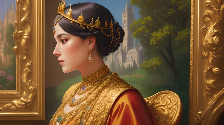 (exquisite), (ultra-realistic), full-body oil painting of a regal medieval queen with dark skin, wearing a golden crown encrusted with diamonds, standing in the lush green vale with stunning medieval architecture in the background, (perfect composition:1.2), art by Kehinde Wiley or Amy Sherald, high detail, sharp focus, dramatic lighting, deviantart hd, artstation hd, trending on Instagram, intricate, award-winning, vivid colors, expert brushwork, (traditional art techniques), (sepia filter), (golden tones), margins, (detailed face and body), (elegant pose), (medieval wardrobe), (romantic atmosphere), (art nouveau), (rococo), (baroque), (renaissance), (realism), (impressionism), (post-impressionism), (surrealism), (pop art), (minimalism), (abstract art), (pointillism), (expressionism), (cubism), (fauvism), (neo-classicism), (romanticism), (symbolism), (naturalism), (hyperrealism), (photorealism), (fine art), (professional art), (concept art), (detailed background), (award-winning matte painting), (volumetric lighting), (unreal engine)