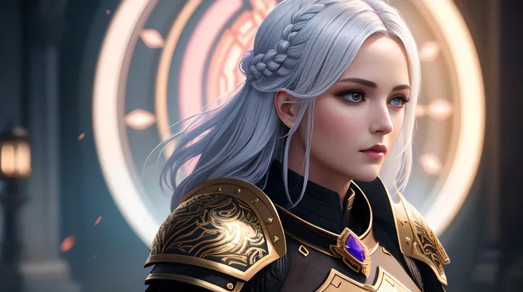 (women:1.2), pretty face, black armor, heavy armor, looking at viewer, realistic,shoulder to shoulder,temple background,violet eyes,ruby gem ornament,centered,templar,cape,portrait, ((white hair)), braid, fit ratio,masterpiece, golden ratio,fit the frame, detailed skin texture, (blush:0.5), (goosebumps:0.5), subsurface scattering, (Extremely Detailed Oil Painting:1.2), glow effects, godrays, Hand drawn, render, 8k, octane render, cinema 4d, blender, dark, atmospheric 4k ultra detailed, cinematic sensual, Sharp focus, humorous illustration, big depth of field, Masterpiece, colors, 3d octane render, 4k, concept art, trending on artstation, hyperrealistic, Vivid colors, extremely detailed CG unity 8k wallpaper, trending on ArtStation, trending on CGSociety, Intricate, High Detail, dramatic