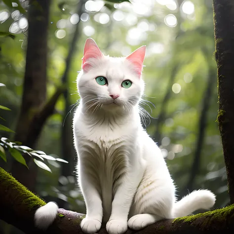 Best quality, masterpiece, ultra high res, (photorealistic:1.4), raw photo, white cat with piercing blue eyes, sitting on a tree branch in a dense forest, surrounded by greenery and sunlight filtering through the leaves. The fur of the cat should be fluffy and white, with pink ears and nose. The background should be slightly blurred to create depth of field. [realistic], [nature-inspired], [soft lighting], [minimalist]