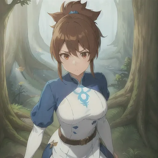 a woman, forest, blue sleeves and white outfit,very short ponytail, brown belt, standing <lora:marc1:0.7>, perfect resolution, illustration, dota dragon's blood style