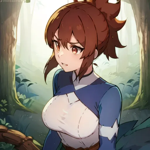 a woman, forest, blue sleeves and white outfit.very short ponytail, brown belt is, standing <lora:marc1:1>, perfect resolution, illustration, dota dragon's blood style, <lora:assSupport_v32:1>