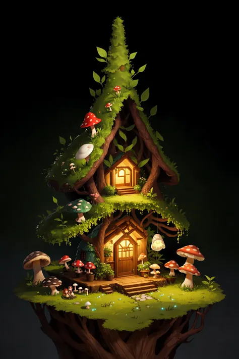 high quality, masterpiece, fairies, mushroom house, glow, light flecks, greenery