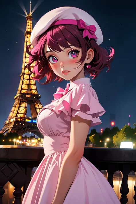 high quality, masterpiece, 1girl, french, eiffel tower, night, light specks, magenta beret, white and pink dress