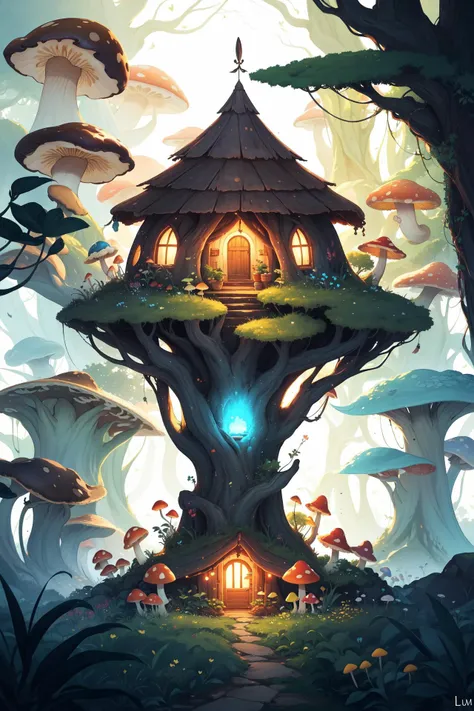 a mystical hut, glowing mushrooms and plants on top of it, surrounded by an ethereal mist and luminescent plants, is bathed in an otherworldly light, storybook illustration, fantasy art,