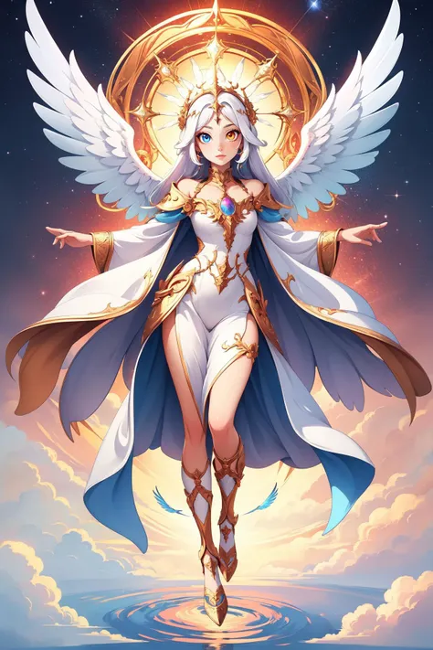 divine lady, aura, beautiful, detailed eyes, heterochromia, celestial, angelic wings, full body, floating,