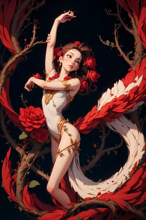 (best quality, masterpiece:1.3),  (illustration:1.15), (!symbolism art:1.2), [(a beautiful girl, face, neck, slim waist, legs:0.081) | | a beautiful rose, stem, thorns, roots:1.87] art  by Georgia O'Keeffe's, trending on devianart, ( ambiguity:1.2), (mystery:1.2), red color palate, (balette pose:1.2), artistic, awe inspiring