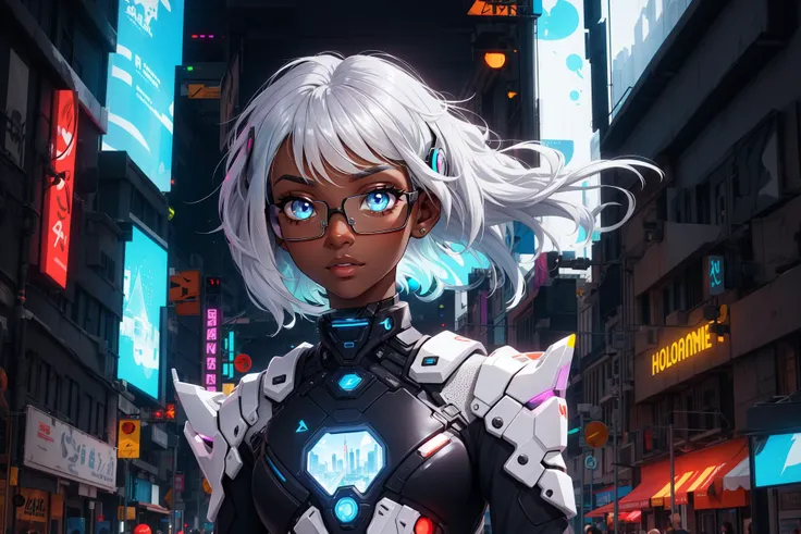 dark skin, voluminous silver hair, azure eyes, confident, futuristic city, high-tech outfit, augmented reality glasses, showing a hologram, determined,