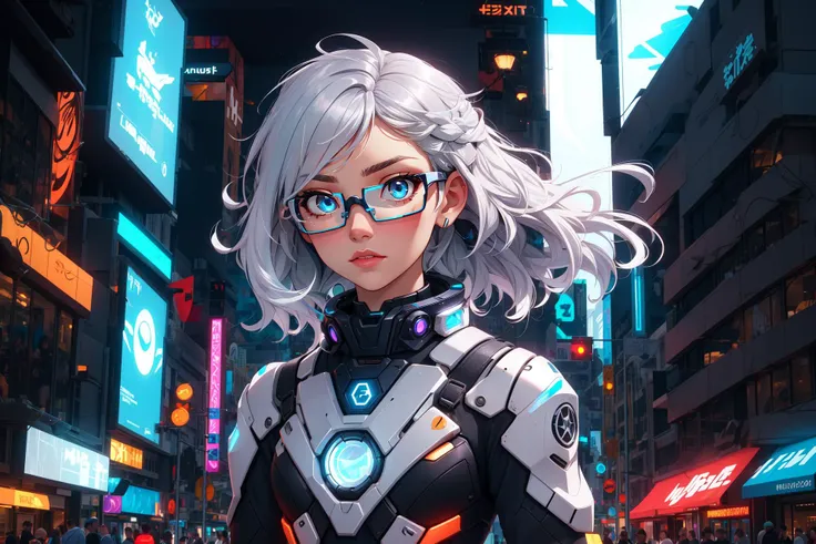 light skin, voluminous silver hair, azure eyes, confident, futuristic city, high-tech outfit, augmented reality glasses, showing a hologram, determined,