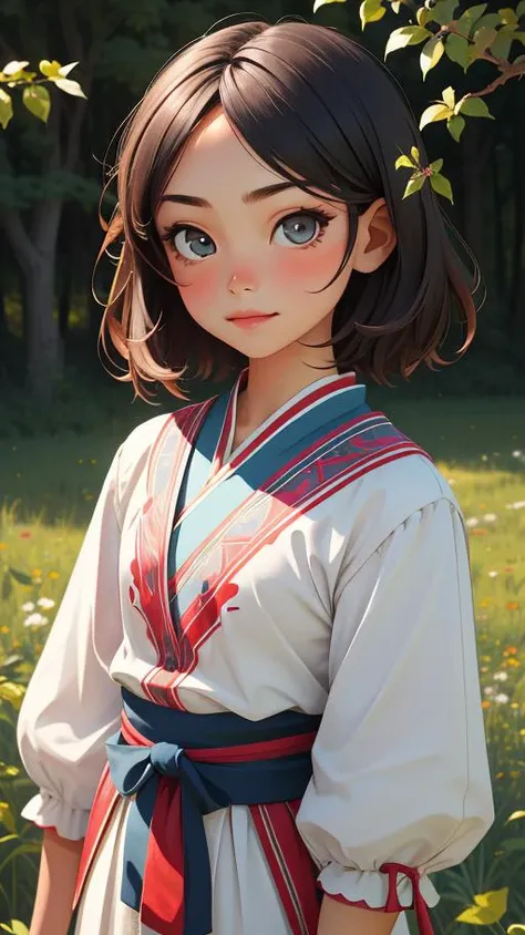 haplogroup D1a1a1, high quality, masterpiece, portrait, 1girl, , Hmong, Straight hair, short hair, Single eyelid, prairie