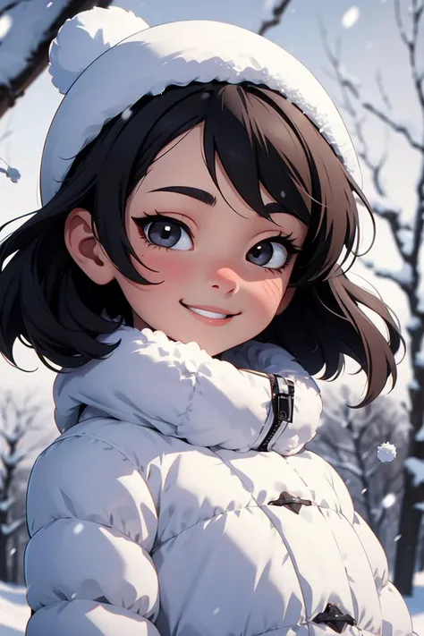 solo, 1girl, black eyes, closeup, white outfit, small cute smile, perfect eyes, black hair, flushed face, winter, snowing, rtx lighting <lora:eyes-half-closed eyes:1>