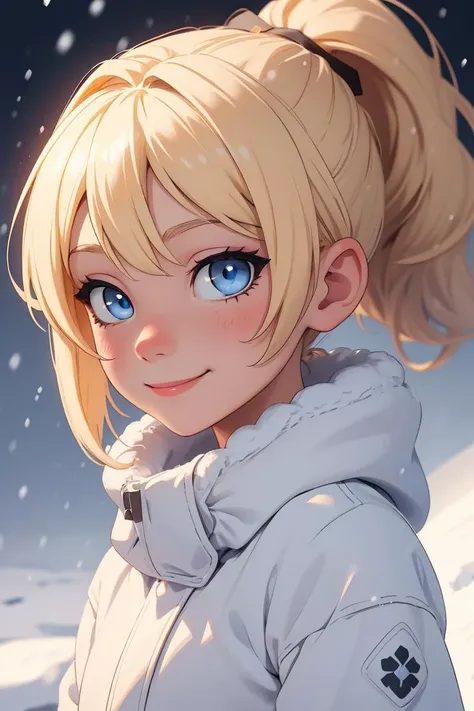 solo, 1girl, blue eyes, closeup, white outfit, small cute smile, perfect eyes, blonde ponytail hair, flushed face, winter, snowing, rtx lighting <lora:eyes-half-closed eyes:0.8>