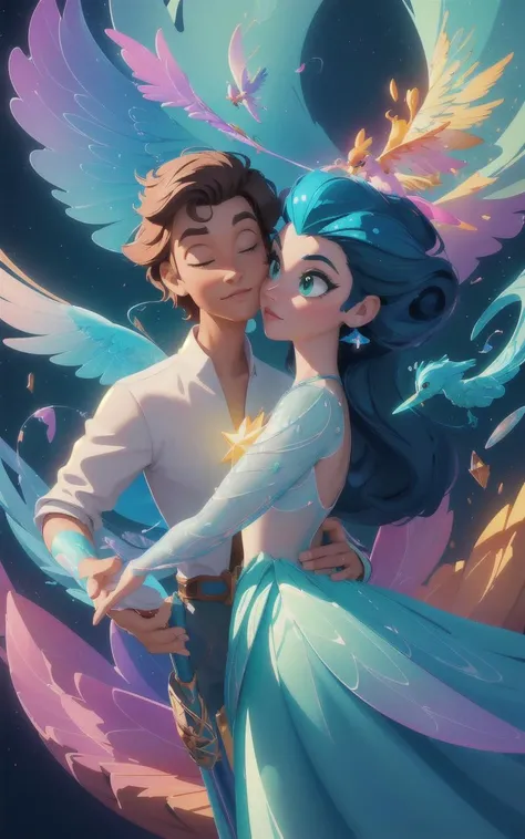 (Style: Disney, pixar Style, 3d, cartoon, photo, cinematic Lighting, trending on artstation, ((high quality:1.2, masterpiece:1.2)), (8k resolution), hyper detailed, incredibly absurdres, color connection, colorized, colorful, 8k beautiful, digital photography),
couple in love in a multicolored hood holds a turquoise bird, Broken Glass effect, no background, stunning, something that even doesn't exist, mythical being, energy, molecular, textures, iridescent and luminescent scales, breathtaking beauty, pure perfection, divine presence, unforgettable, impressive, breathtaking beauty, Volumetric light, auras, rays, vivid colors reflects