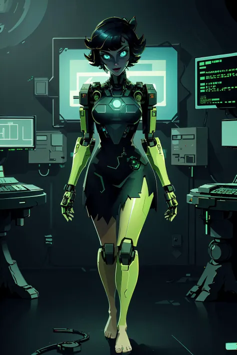 (cyberpunk style, <lora:HackedTech-20:0.8>, scifi, picelated, data stream, hackedtech, futuristic clothes), <lora:Betty_Rubble1-10:0.85> Betty Rubble, short hair, hair bow, barefoot, casual outfit (, science-fiction , cyberfashion dress , robotic arm , indoors , dystopian, futuristic , neon lights) , (full body, masterpiece), 8K resolution, best quality, absurdres, vivid vibrant colors, intricate detail, intricately detailed face_and_eyes, realistic human hands, sophisticated detail, (realistic lighting, sharp focus), centerfold, bokeh, 8k, wallpaper, ultra high res