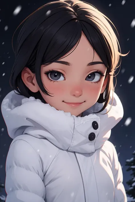 solo, 1girl, black eyes, closeup, white outfit, small cute smile, perfect eyes, black hair, flushed face, winter, snowing, rtx lighting <lora:eyes-half-closed eyes:1>