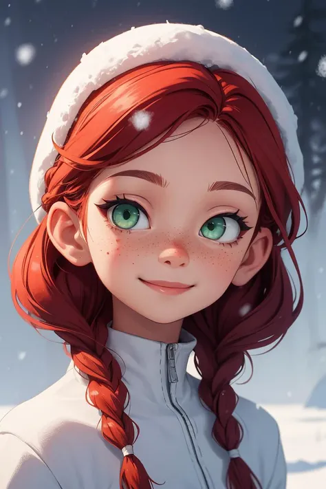 solo, 1girl, tr90style, green eyes, closeup, white outfit, small cute smile, braids, freckles, perfect eyes, redhead, winter, snowing, rtx lighting <lora:RetroAnimeCraft_v1:1> <lora:eyes-half-closed eyes:0.8>