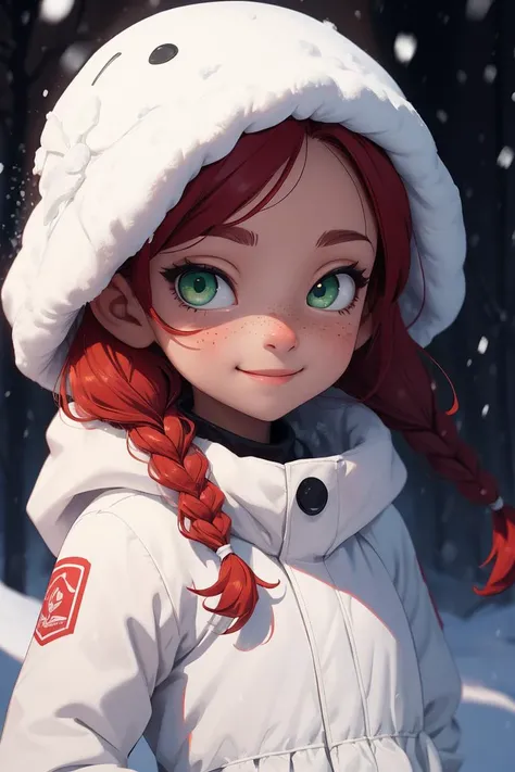 solo, 1girl, tr90style, green eyes, closeup, white outfit, small cute smile, braids, freckles, perfect eyes, redhead, winter, snowing, rtx lighting <lora:RetroAnimeCraft_v1:1> <lora:eyes-half-closed eyes:0.8>