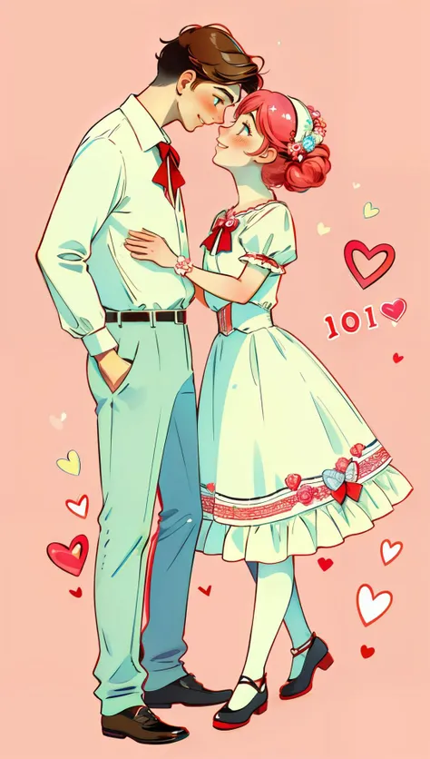 high quality, 1910s, 1 couple, in love, hearts, pink and red, white, sparkles, <lora:shouhuiline:0.6>