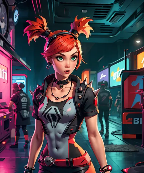 (cyberpunk settings, indoors , plaza, night, dark, darkness, futuristic clothes), <lora:gaige:0.95> gaige, hairband, short twintails, red hair, green eyes, bandaid, choker, collar, fingerless gloves, bracelet, jewelry, spikes, necklace, earring, casual futuristic outfit (, science-fiction , cyberfashion dress , cybernetics , netrunner , indoors , night time, darkness, neon lights) BREAK fit, sexually suggestive, petite supermodel, toned body, medium breasts, beautiful woman, detailed mouth, extremely detailed eyes_and_face, beautiful attractive face, beautiful detailed eyes, pronounced feminine feature, perfect body (masterpiece, best quality)