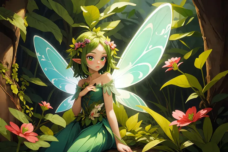 high quality, masterpiece, fairy, fairy wings, greenery