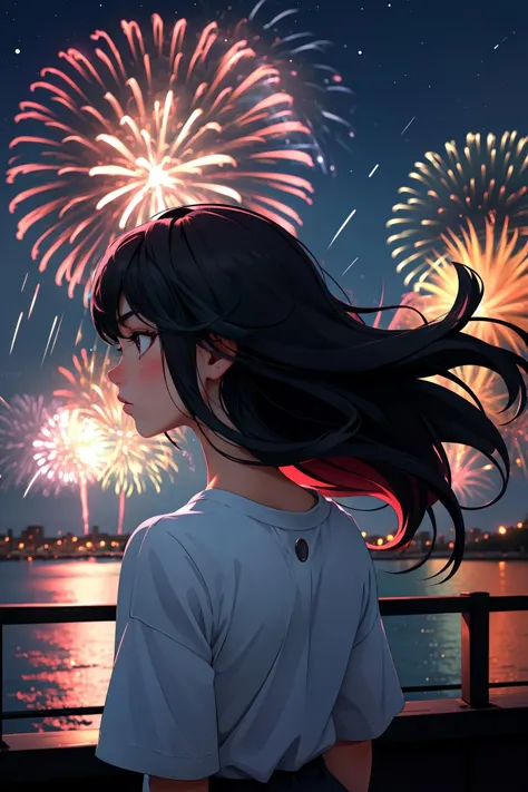 high quality, masterpiece, facing away, looking away, portrait, back shot, 1girl, silhouette, watching fireworks, long hair, wind floating hair, night sky