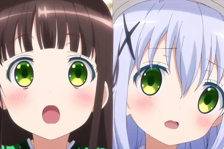(pixel-perfect, picture-perfect, detail-perfect, body-perfect, masterpiece-perfect) (official style, style parody, anime-style, anime-original-outfit, anime-perfect) <lora:Gochuumon_all_resized:1>(kafuu-chino-ujimatsu-chiya), (2girls, kafuu-chino-face, ujimatsu-chiya-face, kafuu-chino-blue-eyes, ujimatsu-chiya-green-eyes) ((((((two-different-girls, two-different-bodies, two-different-eye-colors, two-different-faces))))))