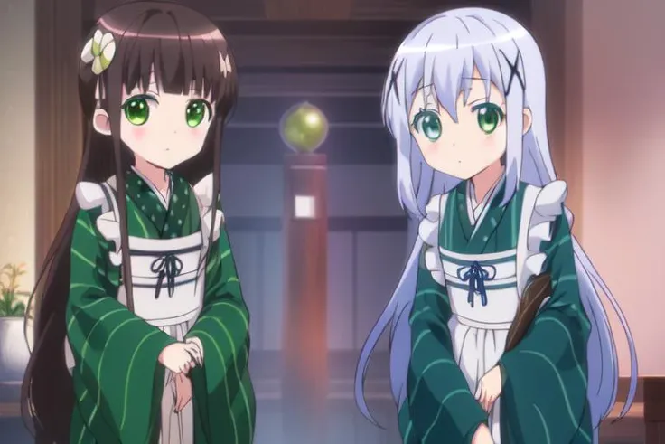 (pixel-perfect, picture-perfect, detail-perfect, body-perfect, masterpiece-perfect) (official style, style parody, anime-style, anime-original-outfit, anime-perfect) <lora:Gochuumon_all_resized:1>(kafuu-chino-ujimatsu-chiya), (((2girls, green-blue-eyes, different-outfits, different-faces, different-styles, different-girls, different-eyes, different-looks, absolutely-no-similarities, kafuu-chino-face, ujimatsu-chiya-face, kafuu-chino-blueeyes, ujimatsu-chiya-greeneyes))) looking at viewer