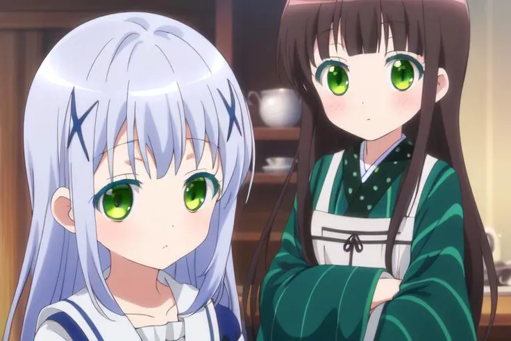 (pixel-perfect, picture-perfect, detail-perfect, body-perfect, masterpiece-perfect) (official style, style parody, anime-style, anime-original-outfit, anime-perfect) <lora:Gochuumon_all_resized:1>(kafuu-chino-ujimatsu-chiya), (2girls, kafuu-chino-face, ujimatsu-chiya-face, kafuu-chino-blue-eyes, ujimatsu-chiya-green-eyes) (((two-different-girls, two-different-bodies, two-different-eye-colors)))
