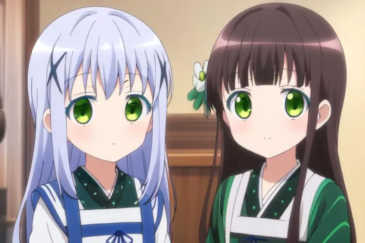 (pixel-perfect, picture-perfect, detail-perfect, body-perfect, masterpiece-perfect) (official style, style parody, anime-style, anime-original-outfit, anime-perfect) <lora:Gochuumon_all_resized:1>(kafuu-chino-ujimatsu-chiya), (2girls, kafuu-chino-face, ujimatsu-chiya-face, kafuu-chino-blue-eyes, ujimatsu-chiya-green-eyes) (((two-different-girls, two-different-bodies, two-different-eye-colours)))