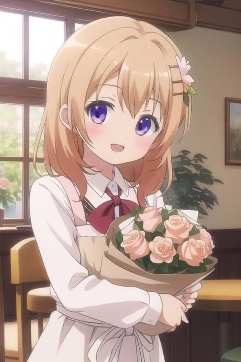 ultra-detailed,masterpiece,best quality,cafeteria,bouquet of roses ,facing viewer,hoto cocoa,upper body,open mouth,smile <lora:Gochuumon_hoto cocoa:0.7>