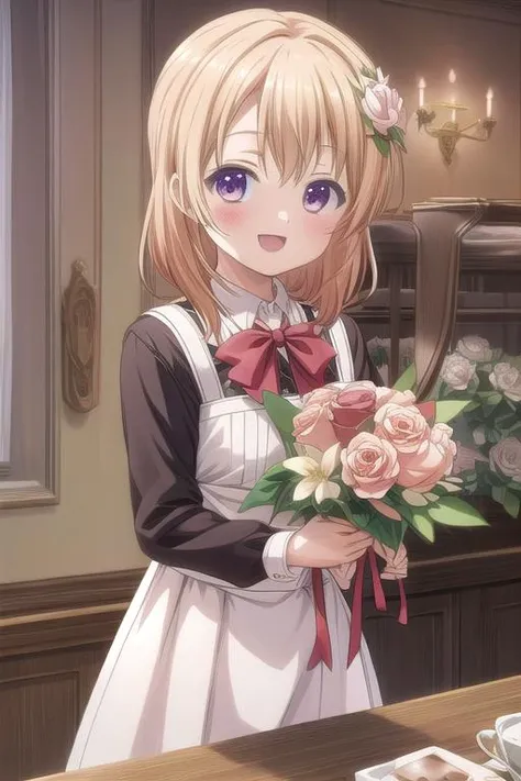 ultra-detailed,masterpiece,best quality,cafeteria,bouquet of roses,happy birthday,uniform ,facing viewer,hoto cocoa,upper body,open mouth,smile <lora:Gochuumon_hoto cocoa:0.7> <lora:add_detail:1>