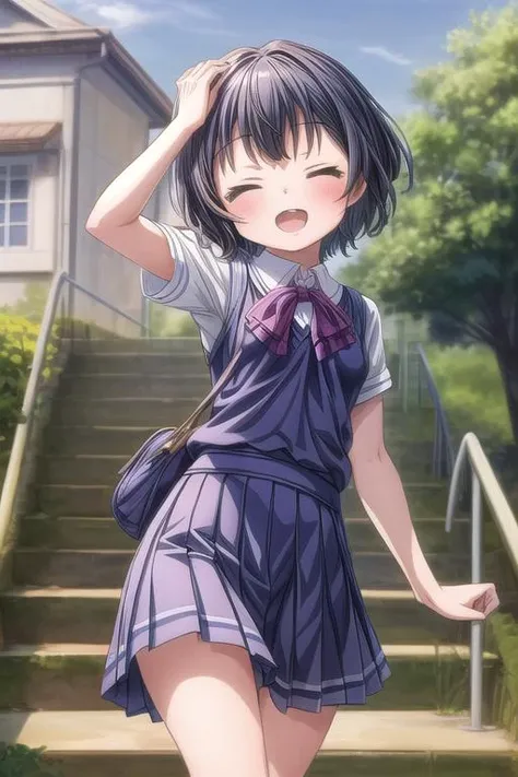 ultra-detailed,masterpiece,best quality,1girl,petite,school uniform,smile,open mouth,small breasts,closed eyes,school garden,stair,outdoor,strong wind,blush<lora:add_detail:1.5>  <lora:Gochuumon_jouga maya:0.7>jouga maya