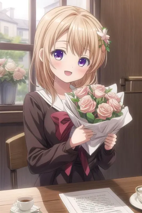 ultra-detailed,masterpiece,best quality,cafeteria,bouquet of roses,text,happy birthday,uniform ,facing viewer,hoto cocoa,upper body,open mouth,smile <lora:Gochuumon_hoto cocoa:0.7> <lora:add_detail:1>