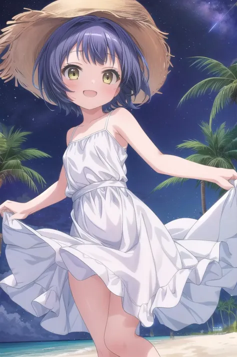 masterpiece,best quality,from below,night,1girl,solo,jouga maya, blue shorthair,1girl,(ite),smile,close up,small breasts,white summer dress,white long skirt,dancing,wind,palm tree,milky way,looking up viewer,beach, <lora:Gochuumon_jouga maya:0.7> <lora:add_detail:1>