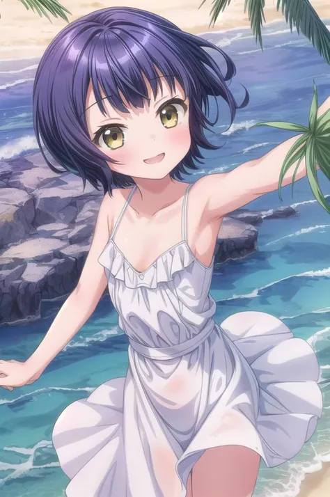 masterpiece,best quality,1girl,solo,jouga maya, blue shorthair,1girl,(ite),smile,close up,small breasts,white summer dress,white long skirt,dark night,dancing,wind,palm tree,night,galaxy,looking up viewer,beach, <lora:Gochuumon_jouga maya:0.7> <lora:add_detail:1>