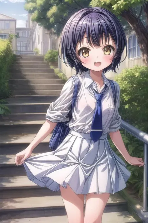 ultra-detailed,masterpiece,best quality,1girl,petite,school uniform,smile,open mouth,small breasts,closed eyes,school garden,stair,outdoor,strong wind,blush<lora:add_detail:1.5> <lora:Gochuumon_jouga maya:0.7>jouga maya