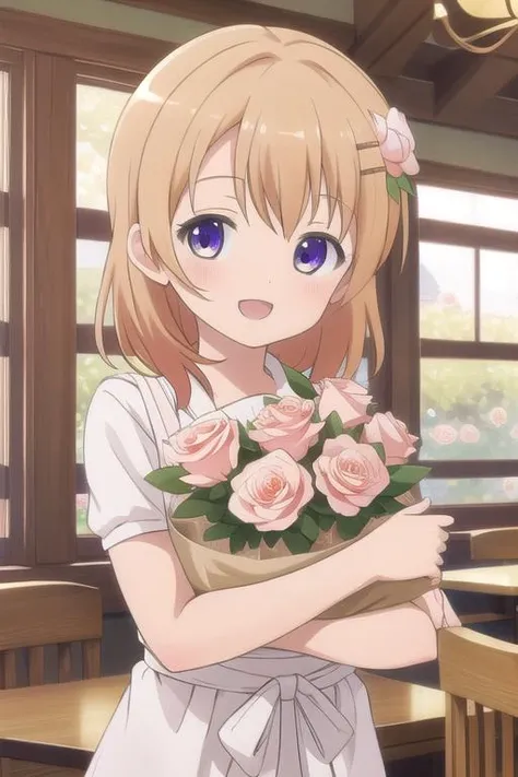 ultra-detailed,masterpiece,best quality,cafeteria,bouquet of roses ,facing viewer,hoto cocoa,upper body,open mouth,smile <lora:Gochuumon_hoto cocoa:0.7>