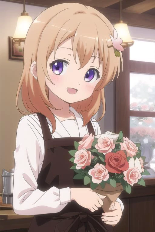 ultra-detailed,masterpiece,best quality,cafeteria,bouquet of roses ,facing viewer,hoto cocoa,upper body,open mouth,smile <lora:Gochuumon_hoto cocoa:0.7>