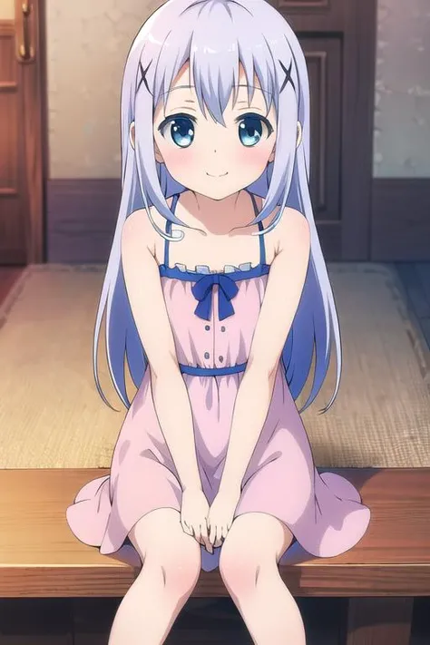 kafuu chino, pink dress, smile, pov, sitting, beautiful room, blush, looking at viewer, long hair <lora:Gochuumon_kafuu chino:0.65>