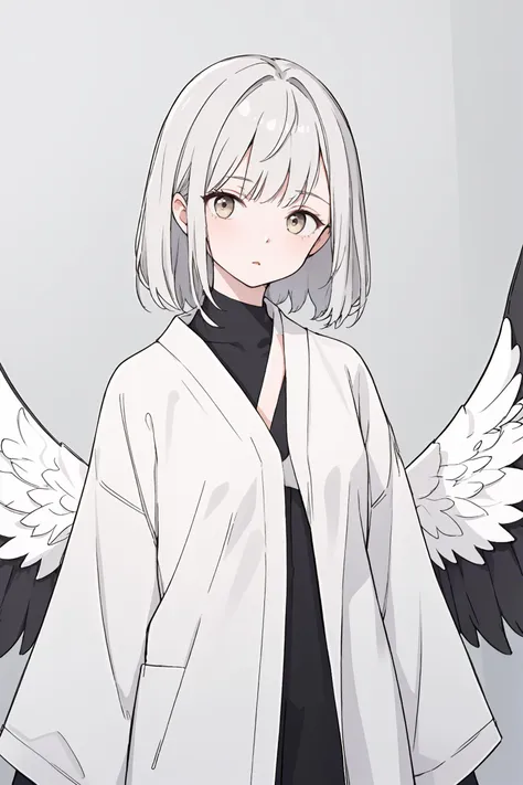 (best quality, masterpiece, highres),1girl,solo,asymmetrical bangs,black wings,Zen style,minimalist clothing,natural fabrics,neutral colors,clean lines,understated accessories,relaxed silhouettes,mindfulness-inspired fashion,looking at viewer,dynamic_angle,well,