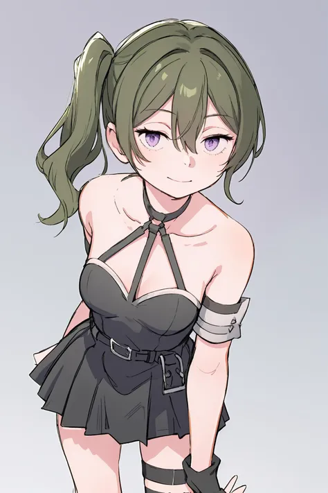 (masterpiece,best quality,absurdres),1girl,solo,looking at viewer,evil smile,closed mouth,dynamic_angle,<lora:mage ubel s1-pruned-lora-nochekaiser:1>,ubel,medium hair,hair between eyes,green hair,side ponytail,(purple eyes:1.1),bare shoulders,pleated dress,sleeveless dress,(black dress:1.5),miniskirt,black gloves,elbow gloves,black belt,belt,thigh strap,halterneck,armband,single glove,arm strap,simple background,