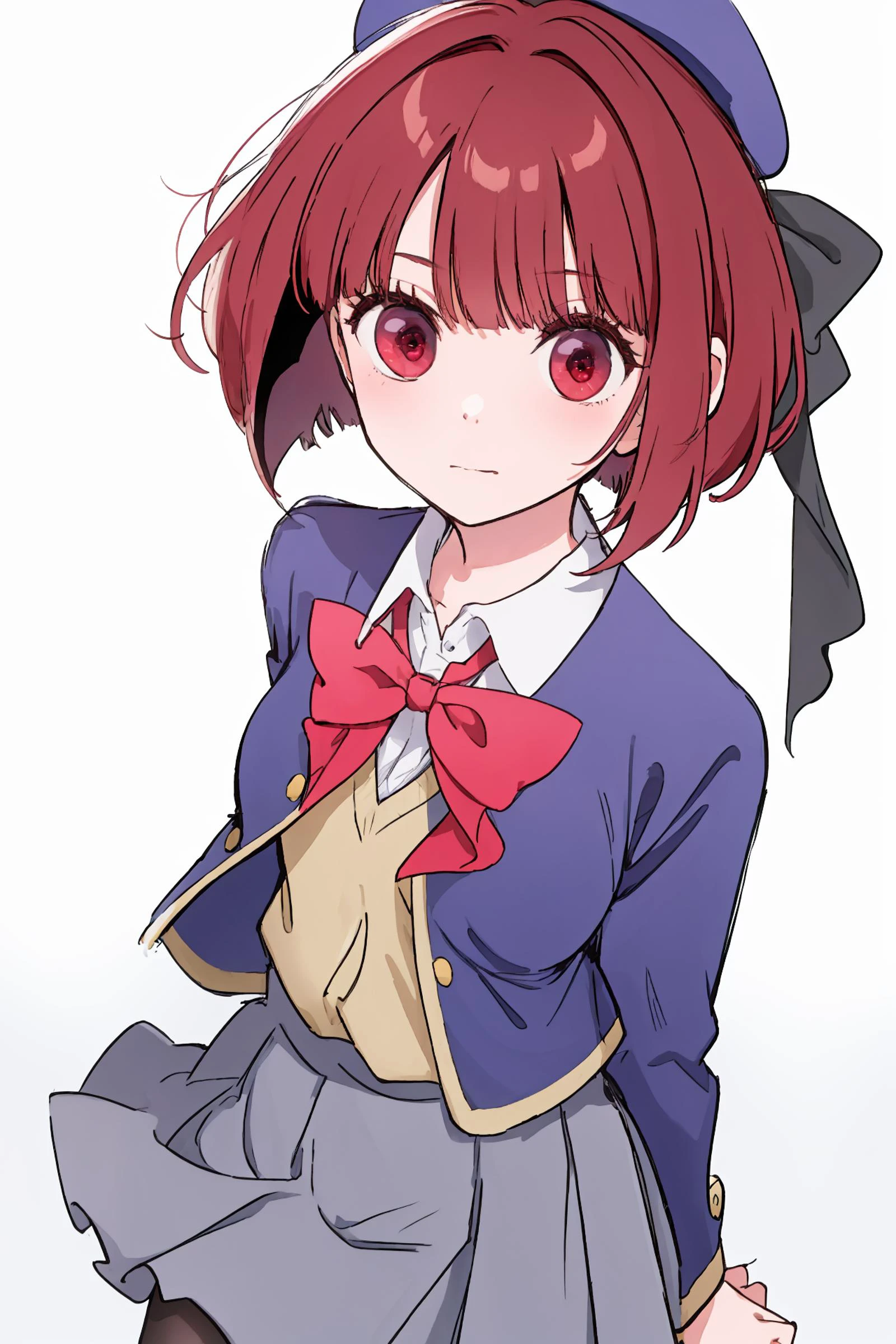 (masterpiece,best quality,absurdres),1girl,solo,close-up,looking at viewer,dynamic_angle,
<lora:kanaarima-lora-nochekaiser:1>,kana arima,bob cut,(red eyes:1.5),red hair,short hair,beret,blue headwear,blue jacket,blue vest,hat,jacket,pantyhose,ribbon,school uniform,skirt,vest,youtou high school uniform,