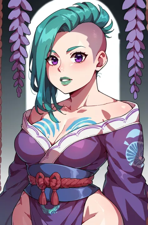 score_9,score_8_up,score_7_up,score_6_up,score_5_up,score_4_up source_suggestive, score_9,score_8_up,score_7_up,score_6_up,score_5_up,score_4_up, wisteria, maroon theme, hungry purple eyes, aquamarine hair, wizard, japanese armor, mohawk fade, green lips, bodypaint, <lora:Kabeume:0.8>,