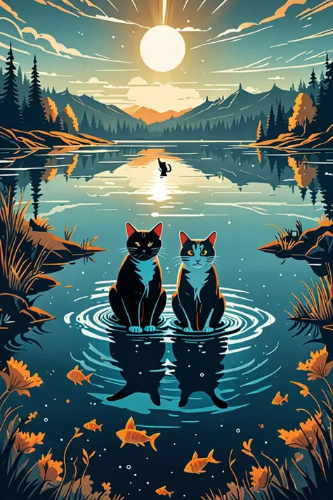 a illustration of 2 cats and pisces in a lake in the distance in the style of cinematic wide angle, welder wings, <lora:sdxl_lightning_8step_lora.safetensors:1.0>, <lora:add detail xl.safetensors:1.5>,