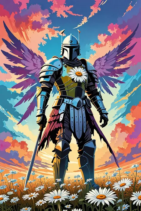 a with real wings and clothed in ethereal battle armor in a colorfull sky in the style of stencil art, head made of giant daisies, <lora:sdxl_lightning_8step_lora.safetensors:1.0>, <lora:add detail xl.safetensors:1.5>,